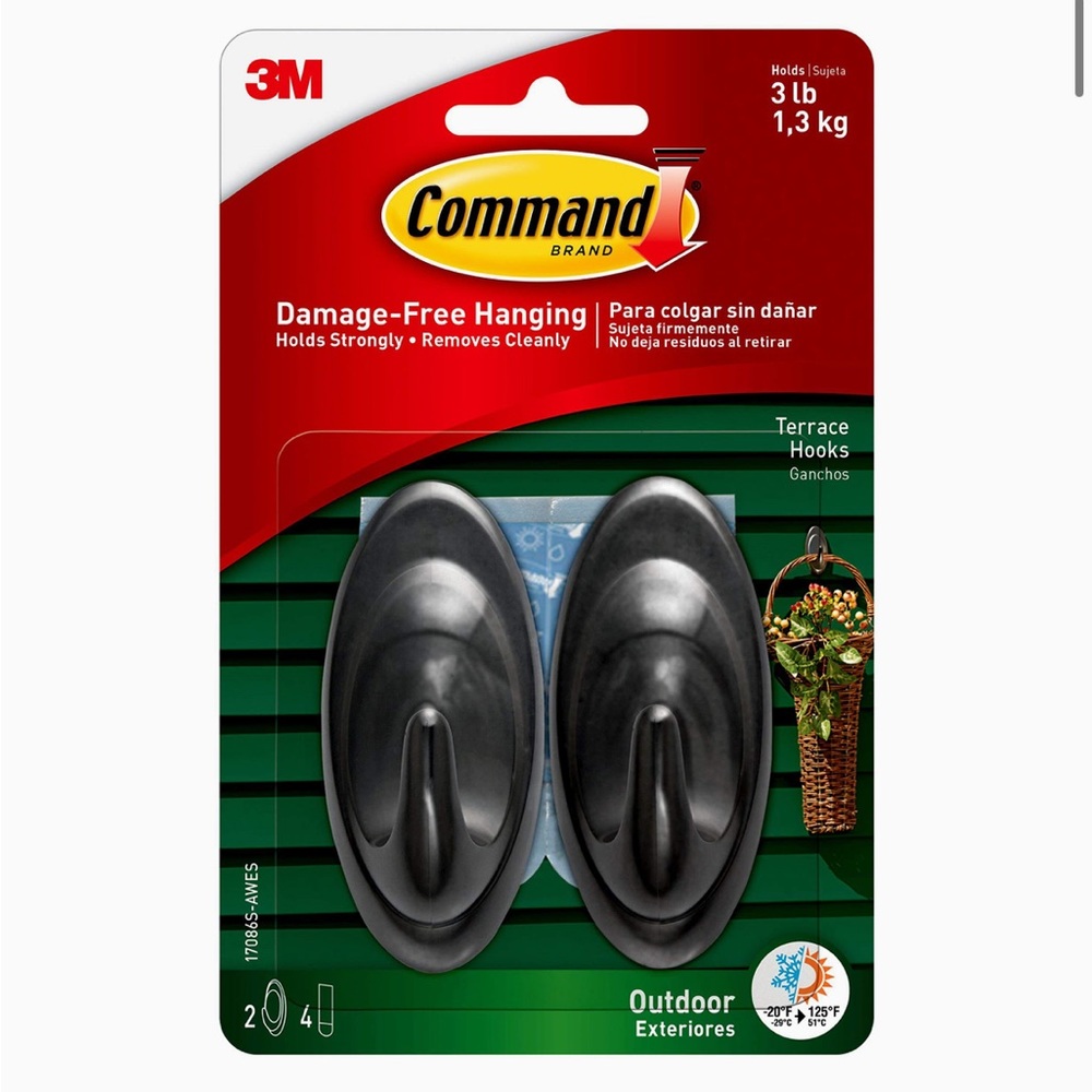 Command Outdoor 3lb Black Medium Terrace Hooks NWT